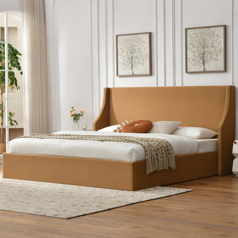 Lit plateforme tapissier avec rangement Linvel, Très grand, Velours kaki