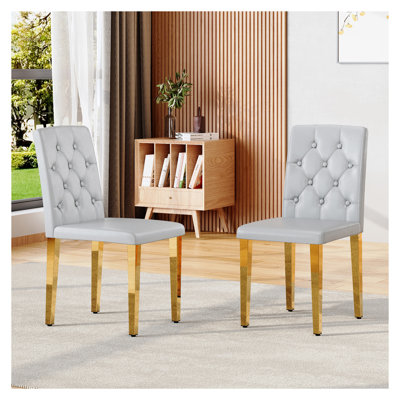 Light Grey Dining Chairs Set of 2 - Modern PU Leather Kitchen Chairs with Gold Metal Legs, Ergonomic Buckle Backrest Design for Dining Room, Kitchen & Banquet Hall
