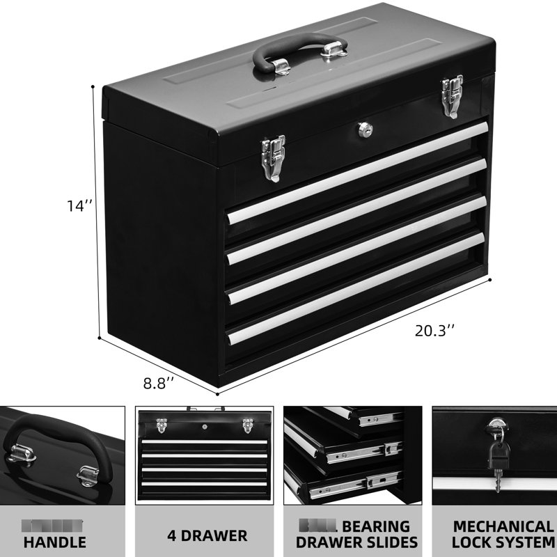 Commode 4 tiroirs en métal - Boîte en acier thermolaqué pour garage avec tiroirs à outils noirs avec serrure