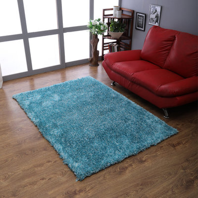 Mullins Hand Tufted Shag Polyester Eco-Friendly Area Rugs - Turquoise White Color, Plain Solid Design, High Pile Thick Handmade Anti Skid Area Rugs for Living Room, Bed Room
