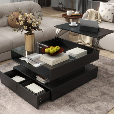 Modern Lift-top Coffee Table With 2 Drawers, Tempered Glass, Led Lights, Hidden Compartments, Multi-functional For Living Spaces Design Table, Glass And , Spacious Lighting, Storage, Ideal Small