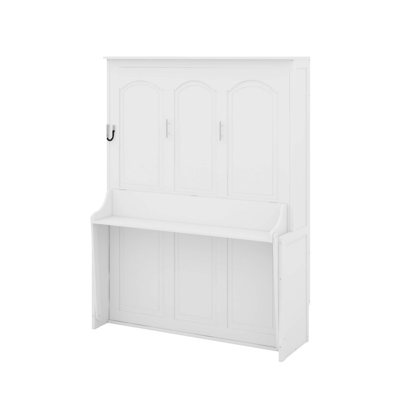 Grand lit escamotable avec bureau, lumières DEL et USB, Blanc