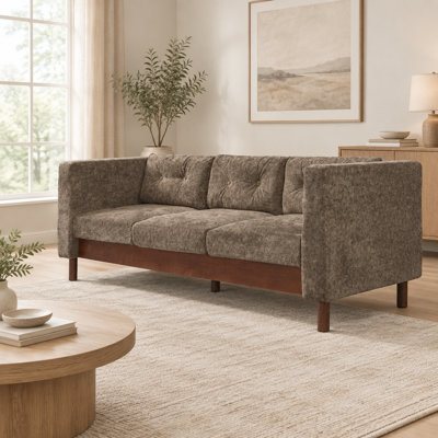 Canapé moderne 3 places en chenille de 199 cm (78,12 pouces) avec accoudoirs carrés, dossier capitonné et pieds en bois d'hévéa pour salon