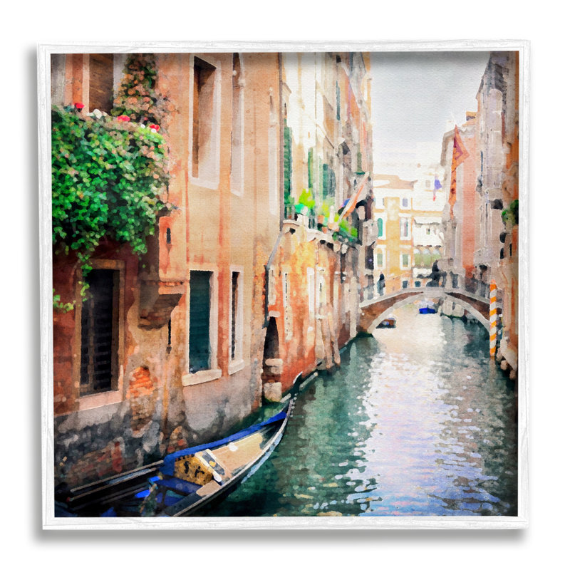 «Gondola In Canal On Wood» par LSR Design Studio, impression, Giclée encadrée blanc bord de mer, H 12 po x l 12 po x P 1,5 po