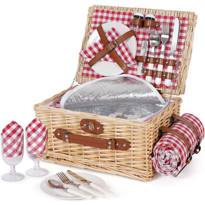 2-Person Wicker Picnic Basket Set with Insulated Compartment & Waterproof Blanket – Willow Hamper for Outdoor Dining