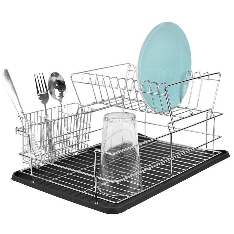 Black Metal 2-Tier Dish Rack with Utensil Cup