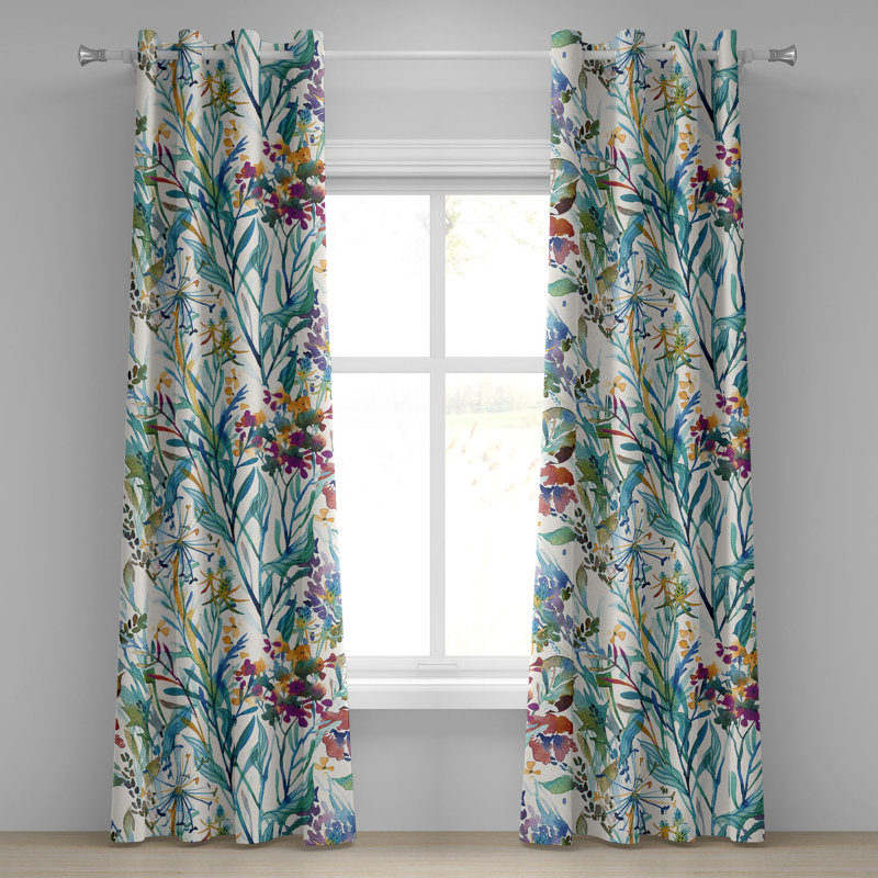Dakota Fields Jungle Boho Grommet Curtain Aquarelle Forest Scene Eggshell Seafoam Indigo, 50" W x 84" L