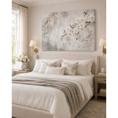 "White Blossom Branch", art mural, peinture botanique gris doux, décor de toile tendue Bayland