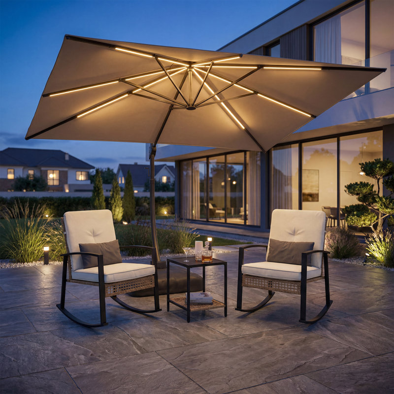 Parasol de patio carré en aluminium en porte-à-faux 11 po x 11 pi avec lumières à DEL solaires et base Gentle Chic 11 x 11 pi