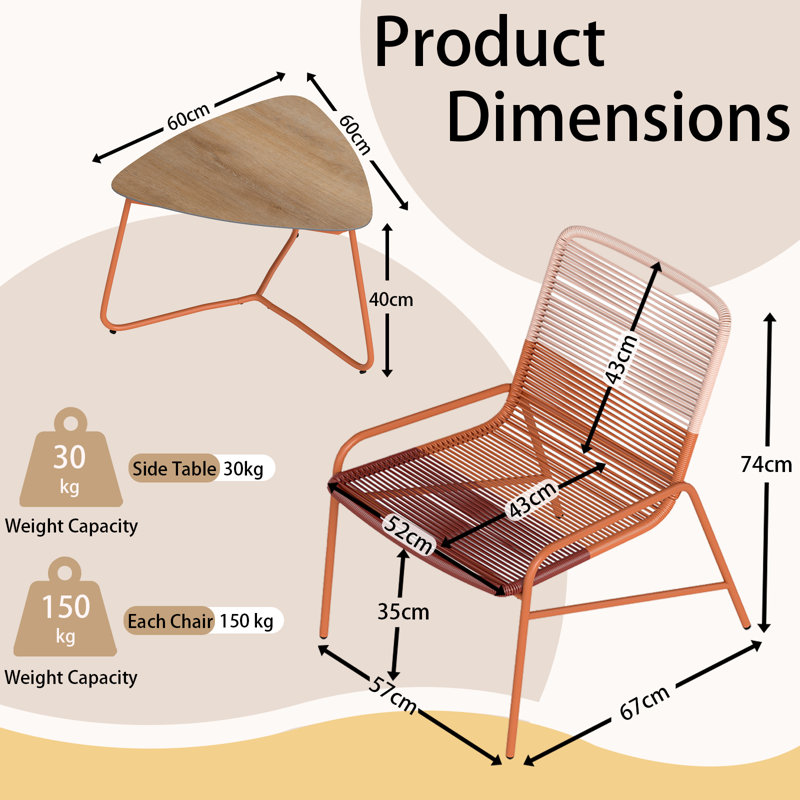 3 Piece Orange Patio Bistro Set Outdoor Rattan Furniture Set