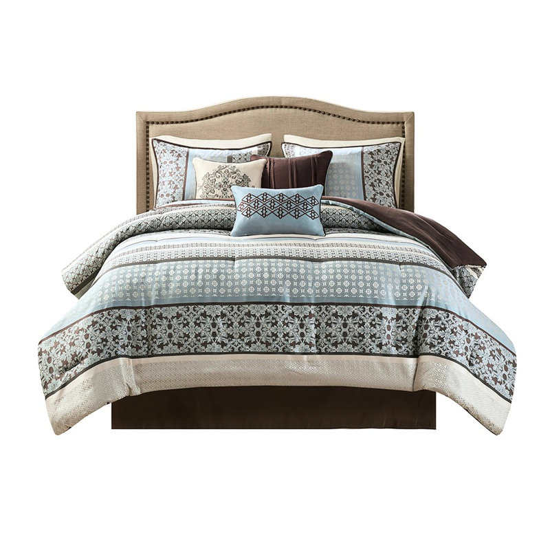 Édredon 7 pièces bleu très grand - avec coussins décoratifs brodés, literie facile à nettoyer, linge de maison lavable à la machine