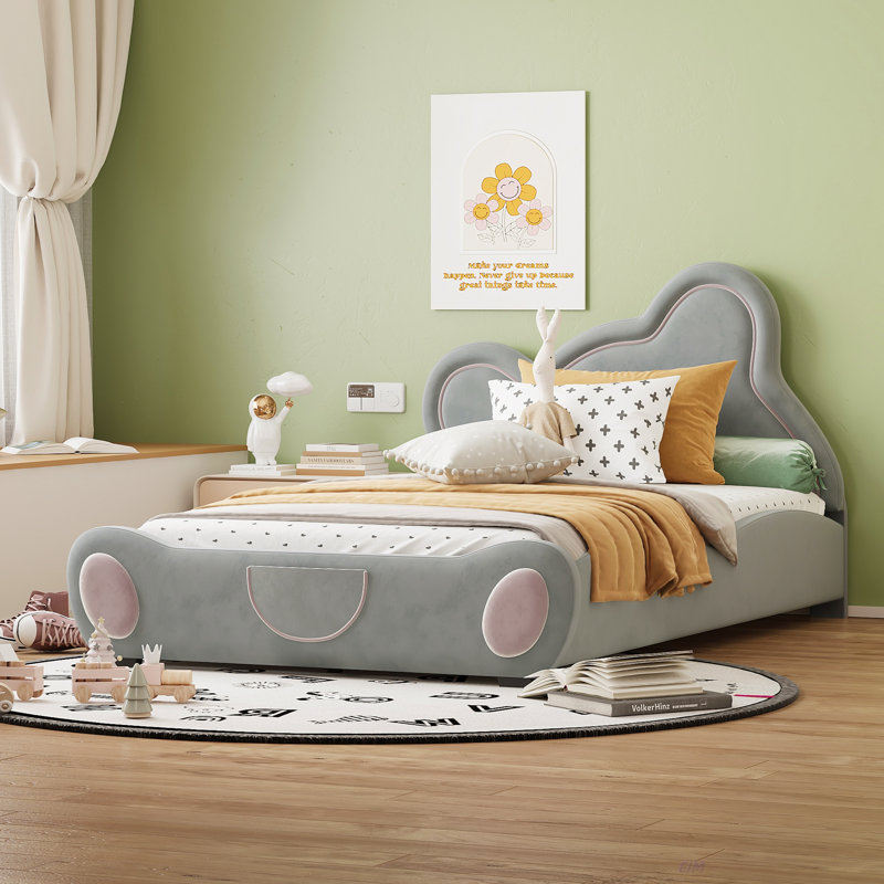 Lit plateforme Ashraff avec tête de lit en forme d'ours et poche de rangement, Full, gris