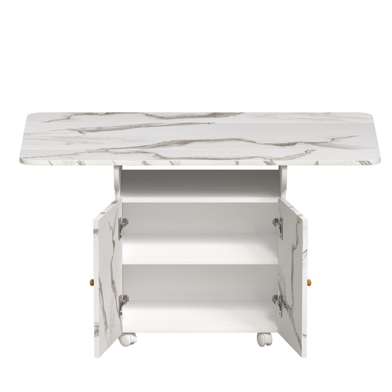  Wood Folding Dining Table with storage rack and cabinet, Removable Entryway Table with 6 Wheels, White Marble Color Kitchen Island, Side Table and Coffee Table Versatile Table Space Saving