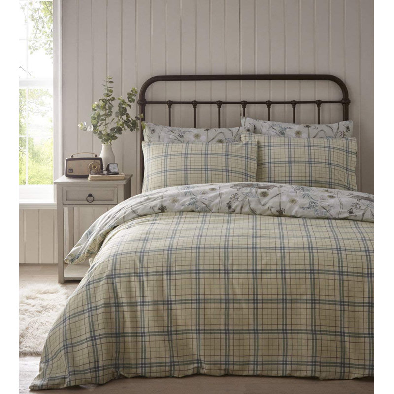 Bargo 56 TC Reversible Duvet Cover Set, Double Duvet Cover + 2 Standard Pillowcases, Sage Green/Brown White