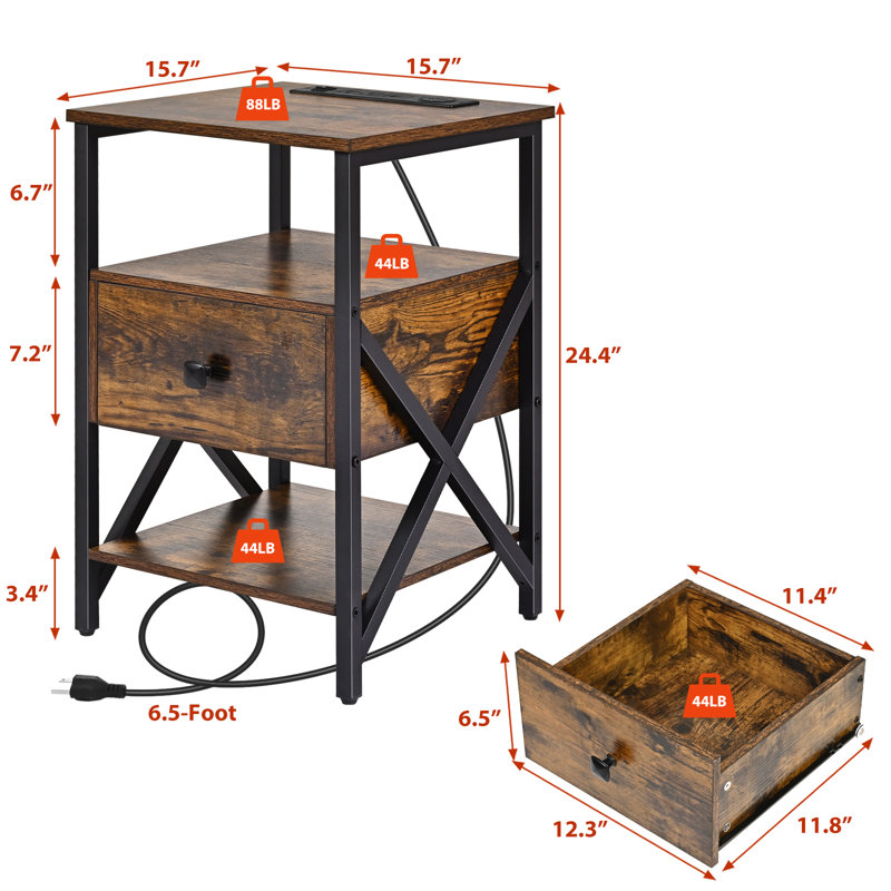 Table de chevet, ensemble de 2 avec charge sans fil et ports USB, ensemble de table de bout 2 avec prises, tables de chevet avec tiroir