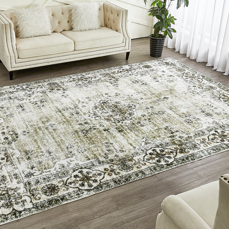 Royalton Non-Slip Machine Washable Oriental Indoor Area Rug in Green/Beige/Cream, Rectangle 5' x 8'