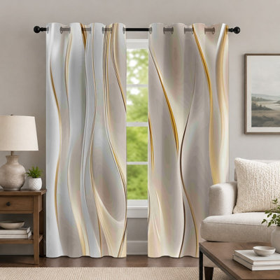 2Pcs Elegant Gold Line Wave Pattern Curtains, Minimalist Style Drapes, Contemporary Abstract Flowing Texture Printed Art Grommet Panels, Window Treatment for Bedroom Living Room Decor