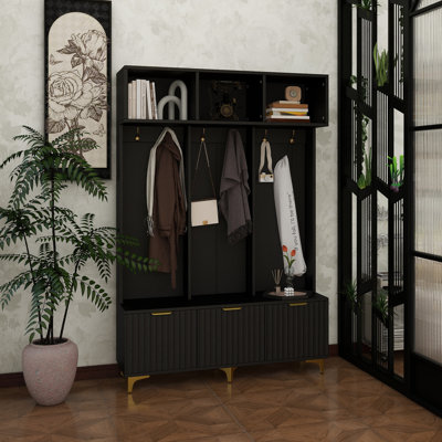 Modern Large Storage Hall Tree With Bench, Multi-Functional Storage Bench With High Gloss Fluted Doors, Luxurious Coat Rack With 6 Gold Hooks And Legs For Entryway, Living Room