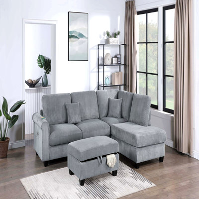 Ensemble de canapé modulaire 3 pièces de style contemporain avec accoudoir à droite, avec accoudoir gauche avec rangement pour port USB et coussins décoratifs avec pieds en bois et fini brouillard
