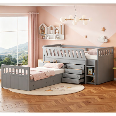 L-Shaped Space-Saving Twin Loft And Twin Platform Bed With 7 Drawers And Full Guardrails, Gray