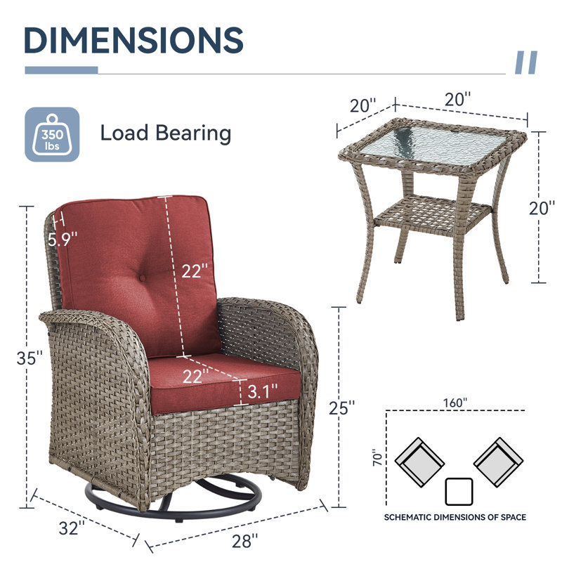 Ensemble de meubles de patio 3 pièces Valierius avec coussins et table d'appoint en osier, Rouge, Gris