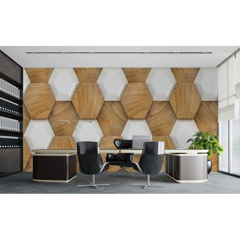 Papier peint 3D hexagone en bois et carreaux blancs - Motif de panneaux nid d'abeille moderne en chêne naturel et blanc