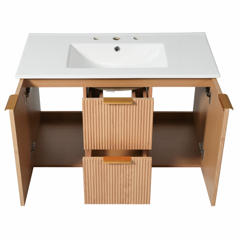 Meuble-lavabo mural 36 po avec lavabo en céramique et rangement à fermeture en douceur