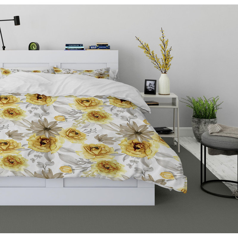 Gold Flowers Twill Duvet Cover, King Duvet Cover + 2 Pillow Cases