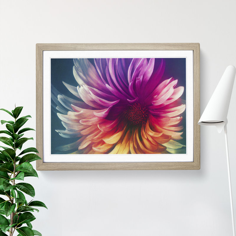 Dynamic Chrysanthemum Flower Abstract - Single Picture Frame Painting, 34cm H x 46cm W x 2cm D, Oak