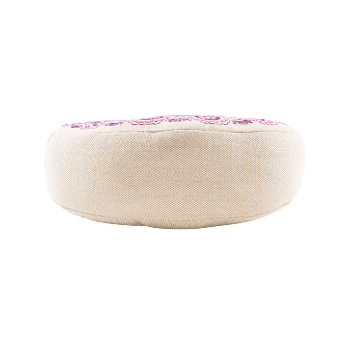 Coussin brodé rond en coton, Floral mauve, H 18 po x l 18 po