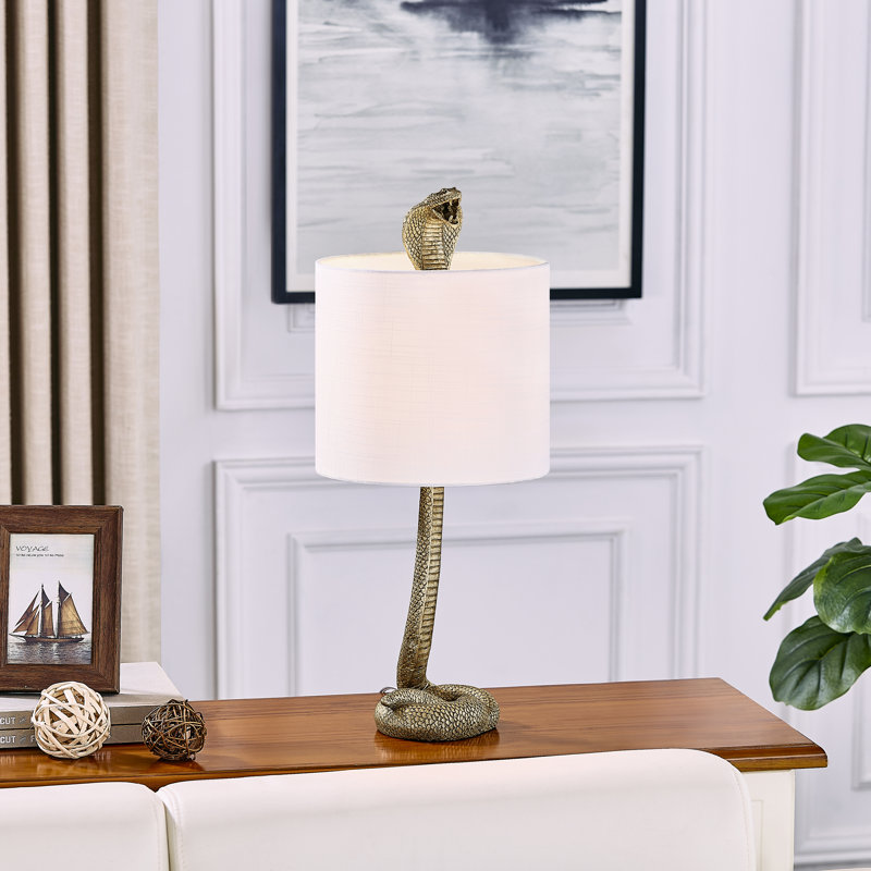 23" Gold Resin Cobra Table Lamp With Linen Shade, Gold, White