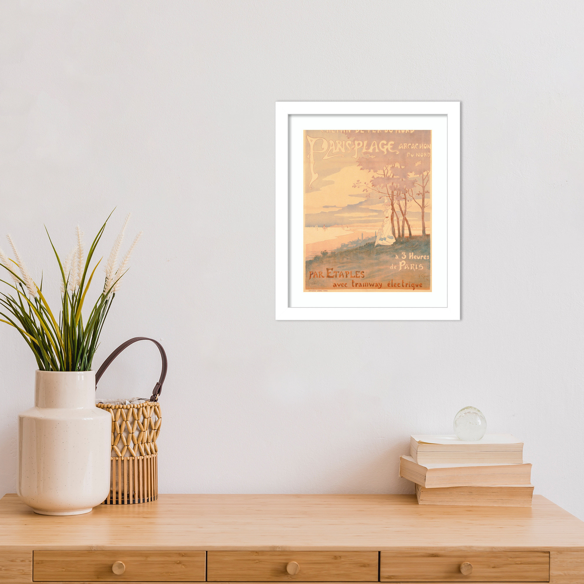 Poster Advertising Trams to Paris Plage by French School (19th century) Wood Framed Wall Art Print, White , 13" H x 11" W
