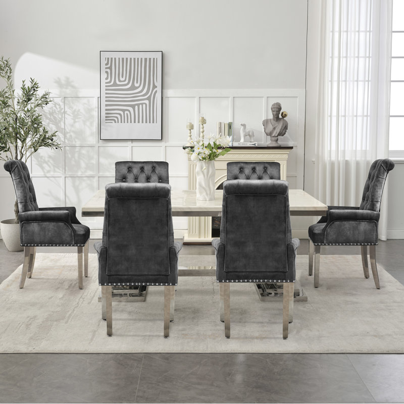 Upholstered Tufted Arm Dining Chairs, Velvet Dark Gray