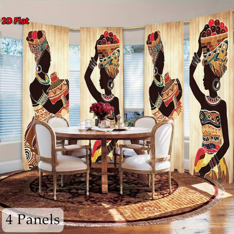 4Pcs African Tribal Women Print Curtains, Ethnic Style Door, Living Room, Bedroom Home Decoration Window Drapes, Retro Boho Rod Pocket Decor