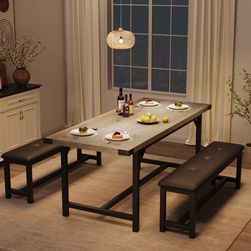 Ensemble de table de salle à manger extensible 63 po avec 2 bancs, ensemble de table de cuisine rectangulaire de 3 pièces pour 4 à 6 personnes, ensemble de coin-repas en bois industriel avec structure en métal robuste, conception peu encombrante, gris rustique