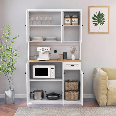 Armoire de rangement blanche de 71 po de hauteur, garde-manger autoportant avec comptoir pour micro-ondes, 6 portes, 1 tiroir et tablettes réglables pour la cuisine domestique