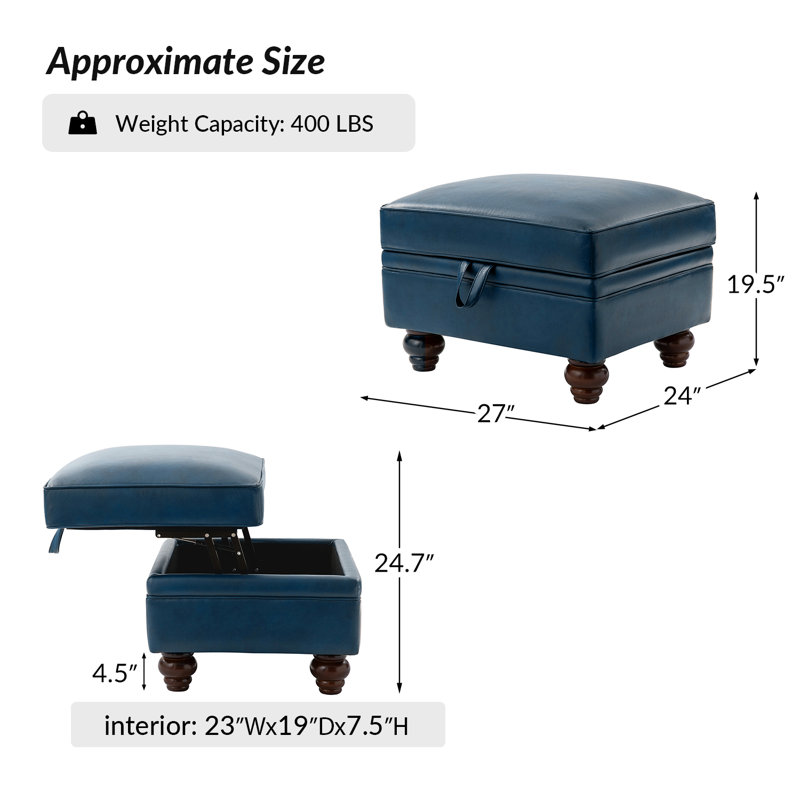 Djuana Transitional 27" Leather Ottoman with Storage, Navy