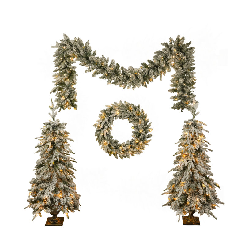 Ensemble de 4 pièces d'arbre de Noël artificiel pré-éclairé, guirlande, couronne et ensemble de 2 arbres d'entrée, X-Mas avec lumières DEL, ensemble de fête du PVC, vert