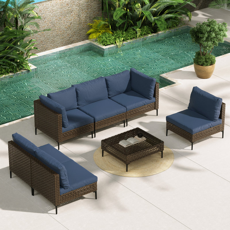 Frans 7 Piece Sectional Seating Group With Cushions, Dark Brown/Navy Blue