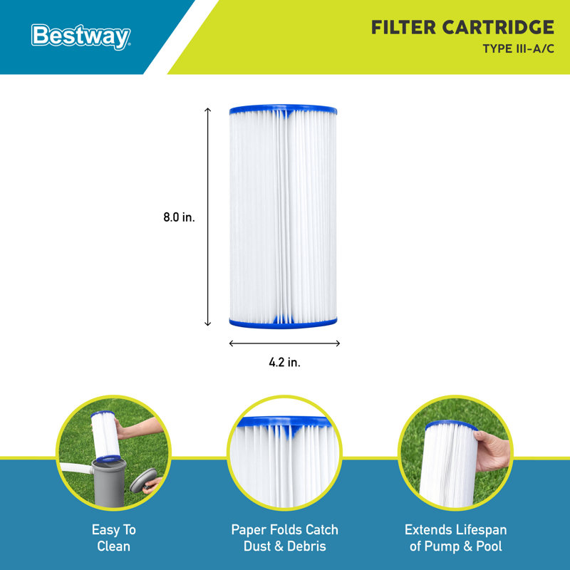 Bestway 4.2" x 8" Type III-A/C Filter Cartridge for Outdoor Pool Pump, 2 Pack