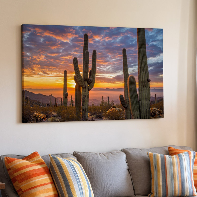 Toile, "Un coucher de soleil vibrant sur un paysage désertique", H 30 po x l 30 po
