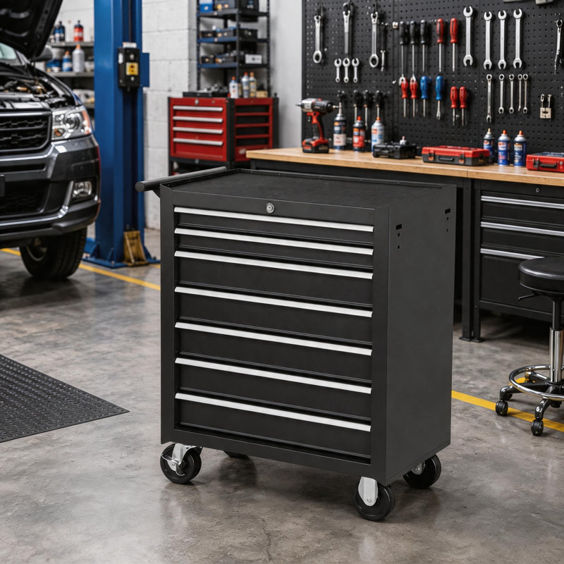 Armoire à outils noire verrouillable à 7 tiroirs avec rangement à roulettes pour garage et atelier