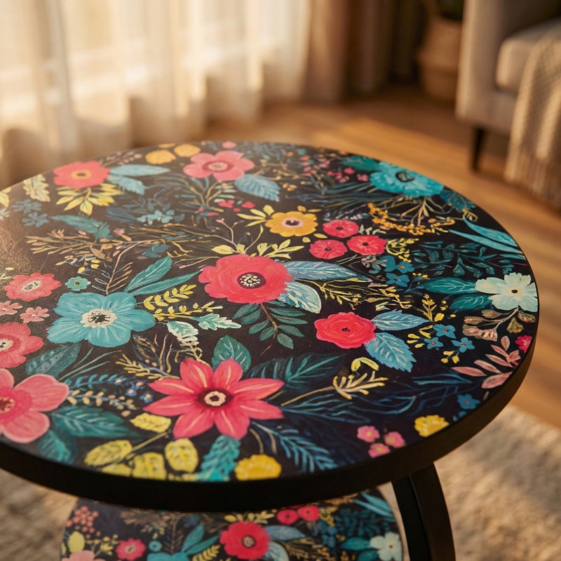 Table d'appoint florale en forme de C à deux étages, table d'appoint robuste avec structure en métal