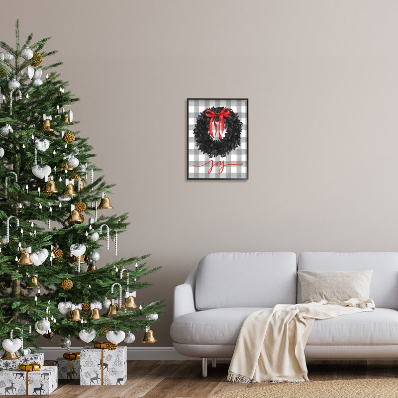 Joy, calligraphie des fêtes, couronne à carreaux, nœud rouge, estampe numérique encadrée, art texturé par lettres et lignes