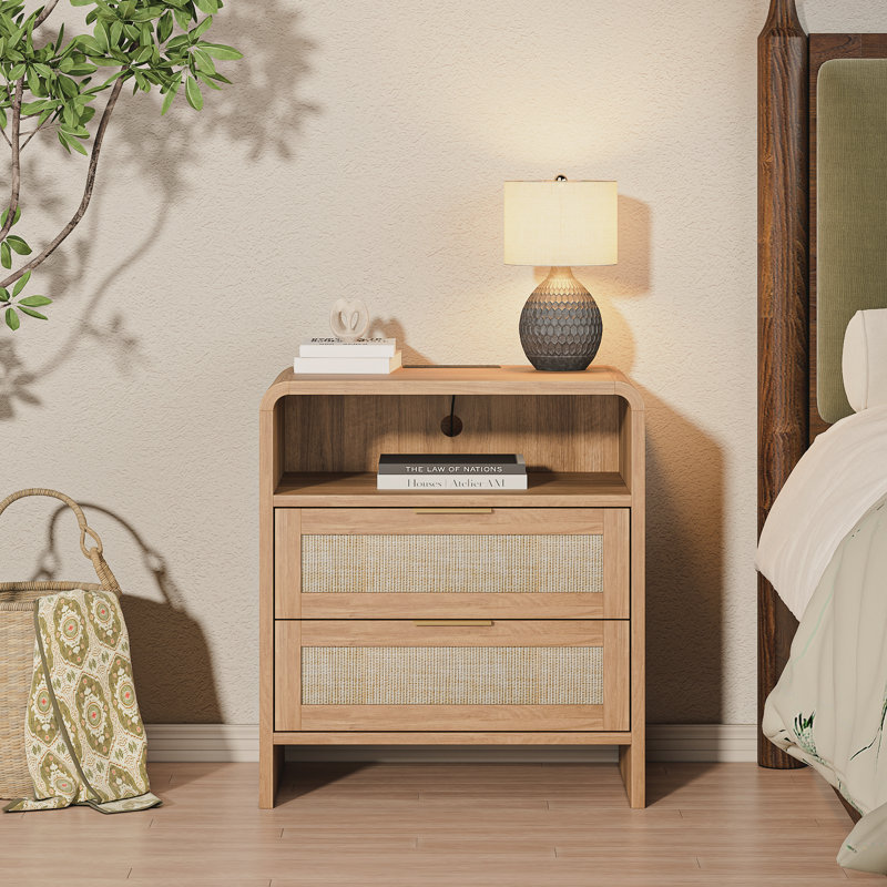 Rattan Nightstand With Charging Station, 2 Drawers & Open Shelf, Curved Wooden Bedside Table For Bedroom, Caramel Oak | Gift Idea