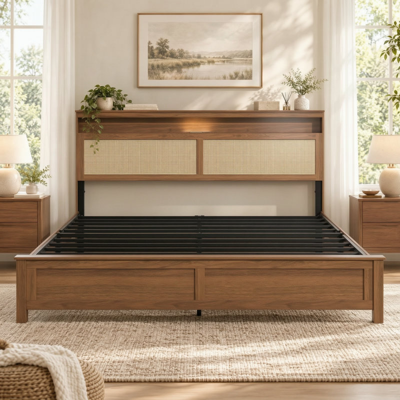 Wood Platform Bed Frame with Rattan Headboard, Storage Shelf and Built-In LED Reading Lights, King