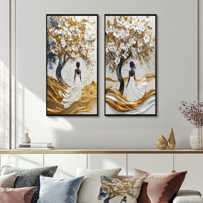 Gold African Woman Silhouette Basswoo I - Tree Amercian Basswood Wall Art 2 Pieces Set
