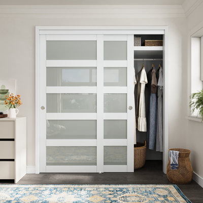 80"  White 5 Lite Tempered Glass Closet Sliding Door With Hardware Kit & Black Handles