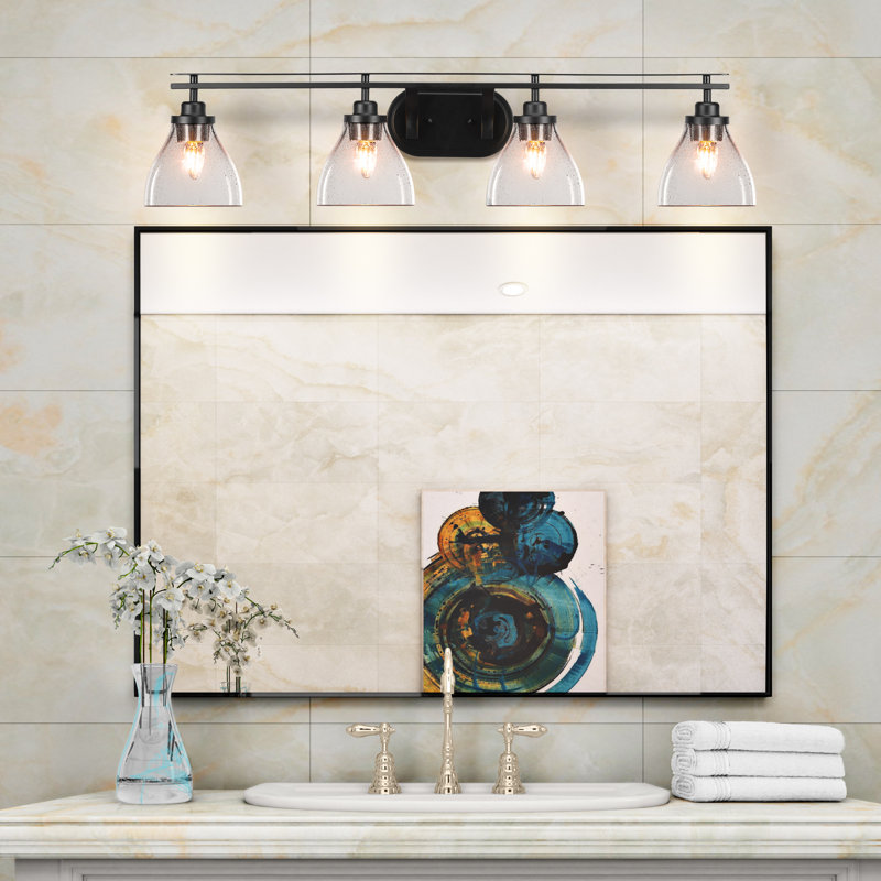 Amarmula 4 Light Bath Bar Shown With 6.25" Clear Bubble Glass, Matte Black