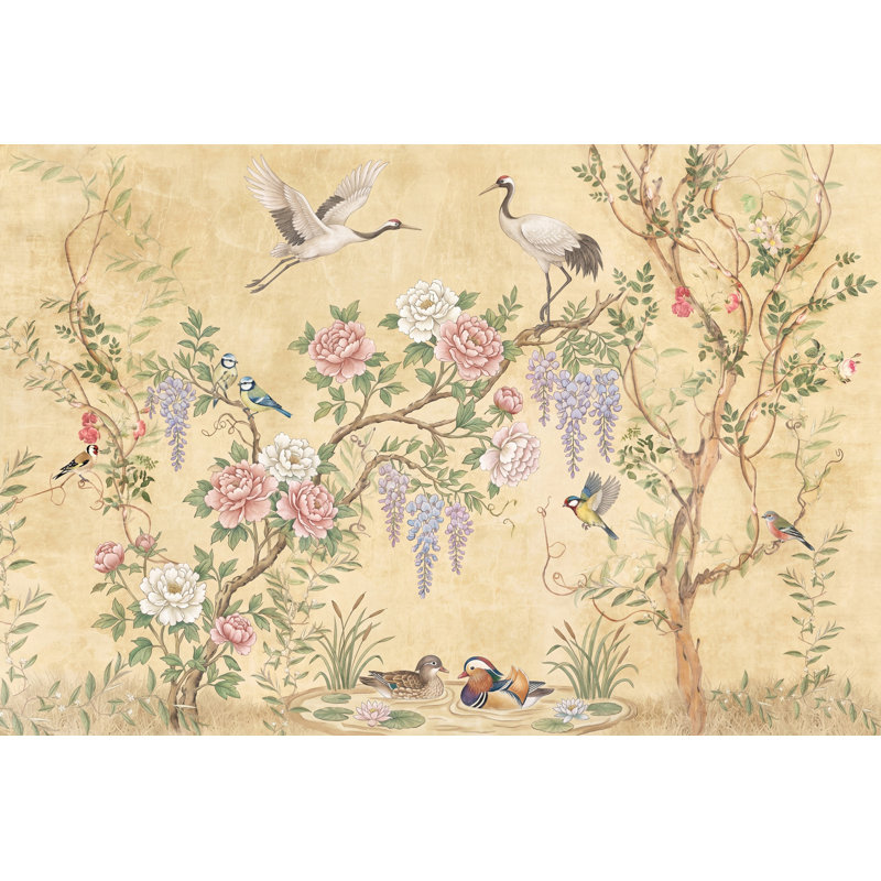 Papier peint chinois, pivoines, oiseaux, pivoines, 120"x96", Textured Non-Pasted